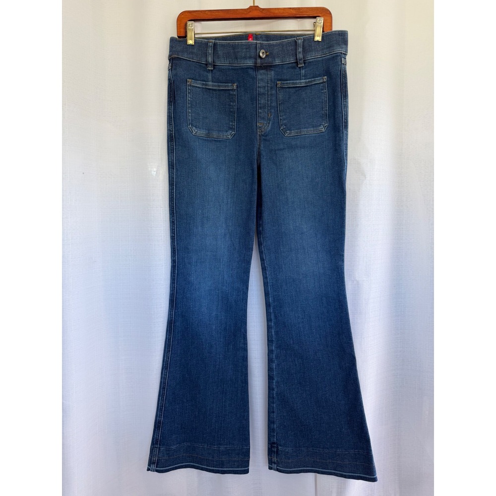 Spanx Flare Jeans Women's L Dark Indigo Blue High Waist Patch Pocket